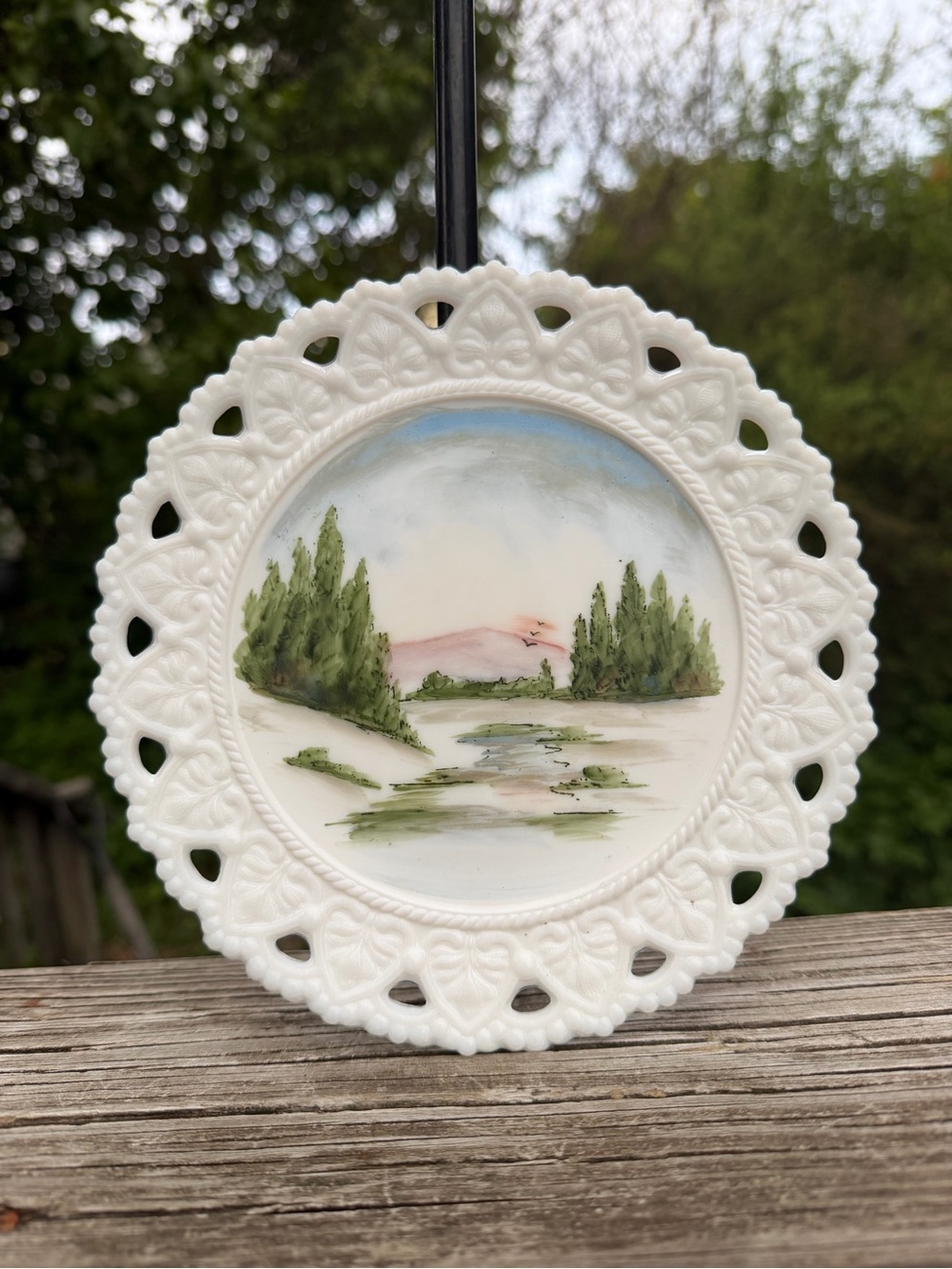 Vintage Kemple HandPainted Milk Glass Plate 7.25” Across Hearts Around